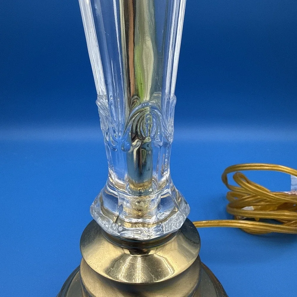 VTG Brass & Pressed Glass Table Lamp Hollywood Regency Footed Base No Shade